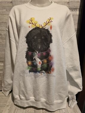 Gildan White Sweatshirt with Black Dog and Colorful Holiday Lights
